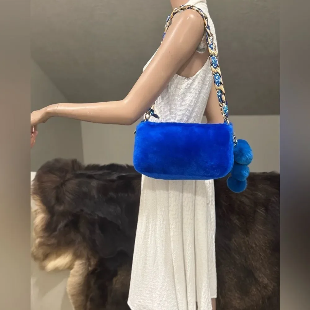 Premium Shearling Leather Double Zip Pillow Bag, Lamb Fur Shoulder Bag/Crossbody